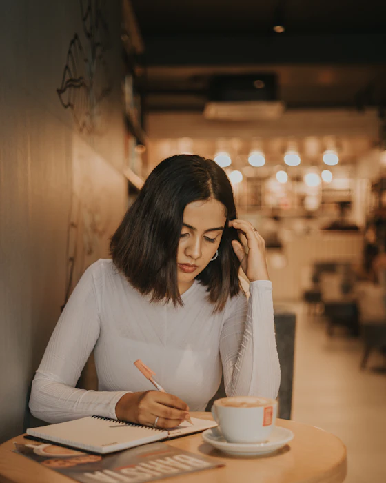 Une femme à un comptoir de café, une carte bancaire posée à côté d’un carnet