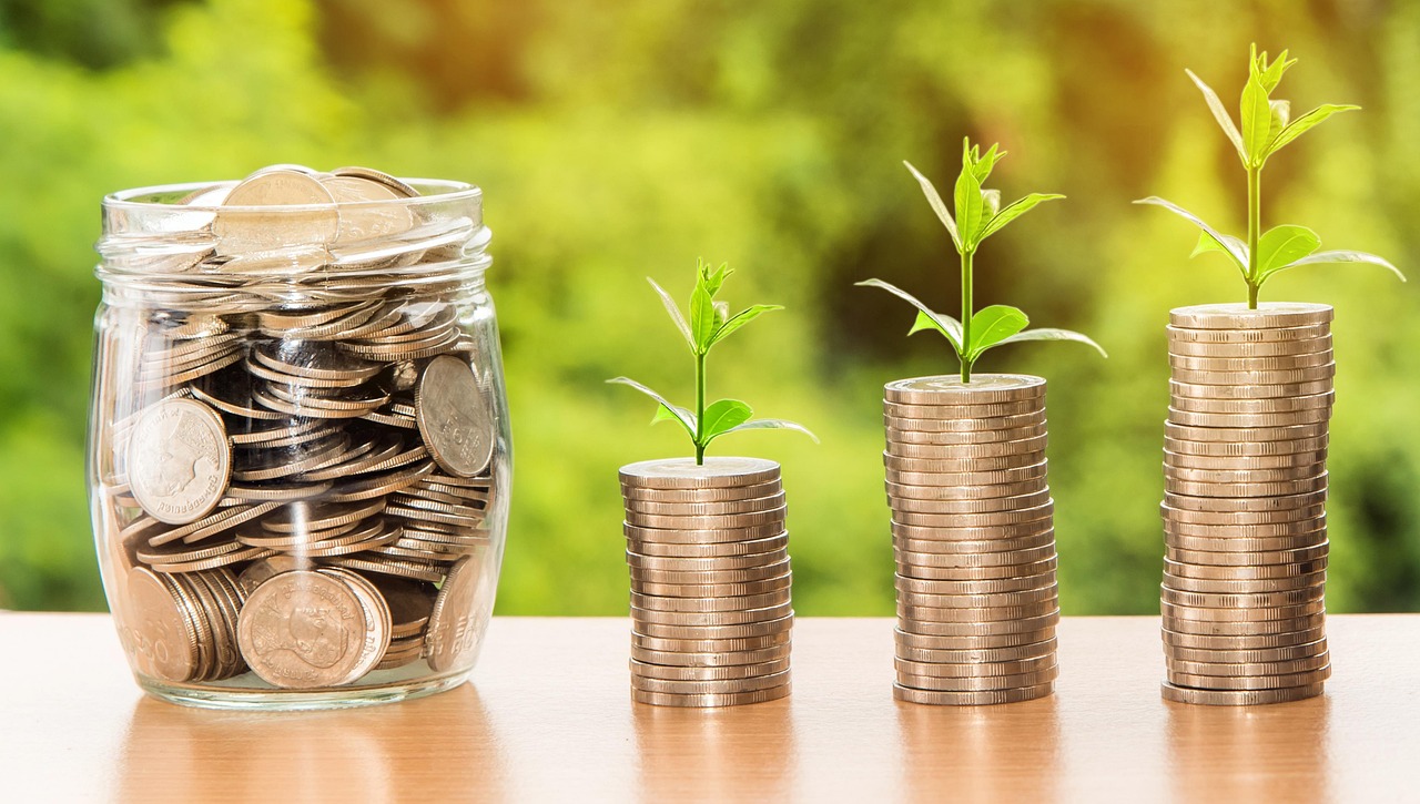 Pièces de monnaie empilées avec de jeunes pousses vertes symbolisant la croissance de l'épargne